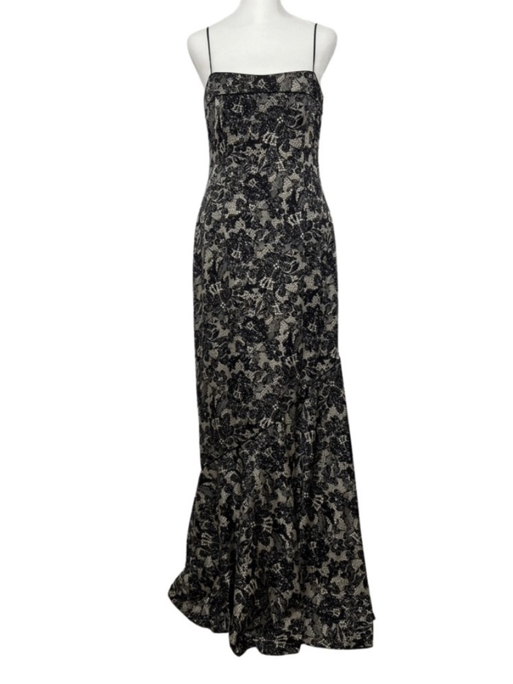 David Meister Corset Dress silk Black Pewter Lace Effect Vintage Evening Gown